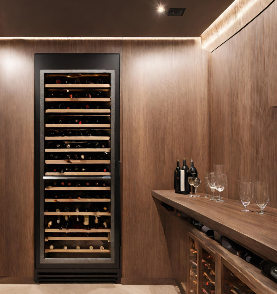 Adega Climatizada de Vinho sob medida na cor preta com prateleiras em madeira e portas de vidro