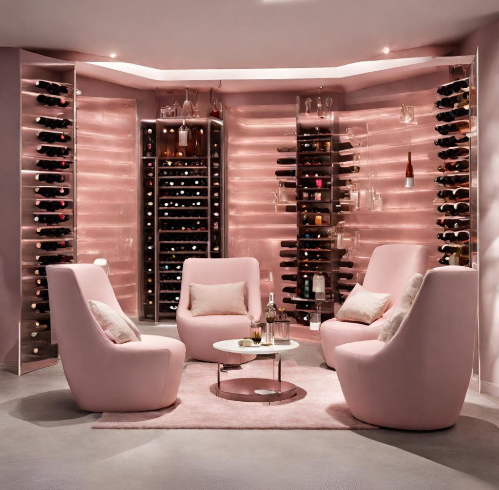 adega climatizada de vinho planejada sob medida na cor rosa com portas de vidro