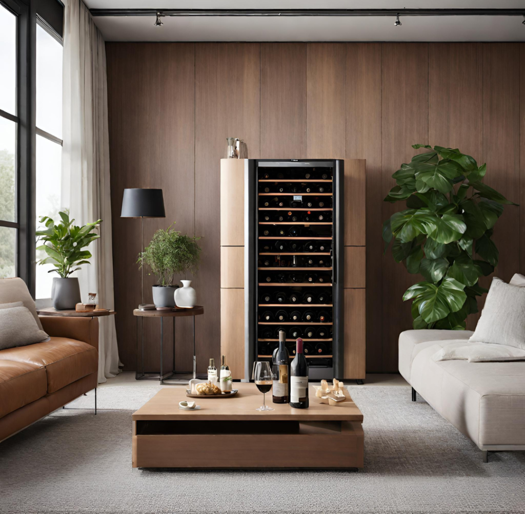 Adega climatizada de vinho com design exclusivo preto com madeira