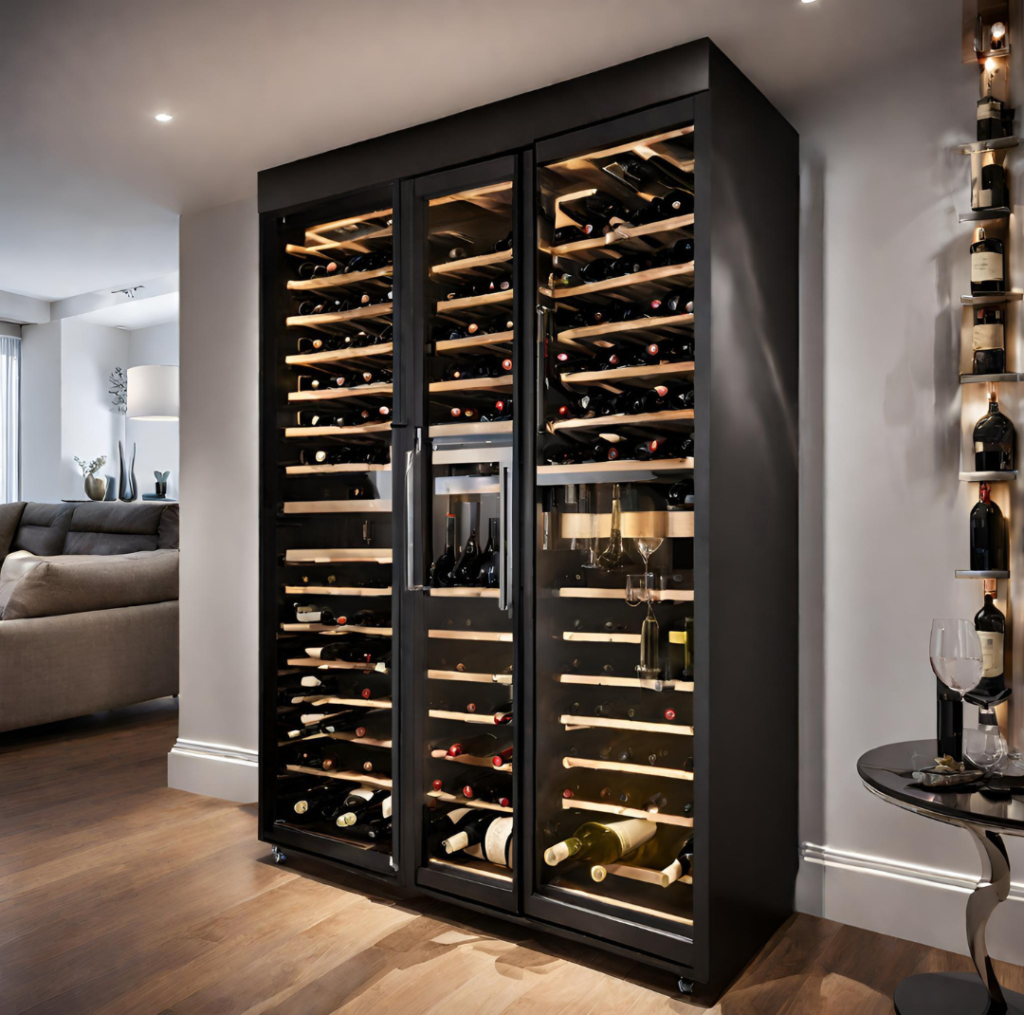 Adega Climatizada de vinho grande preta com porta de vidro