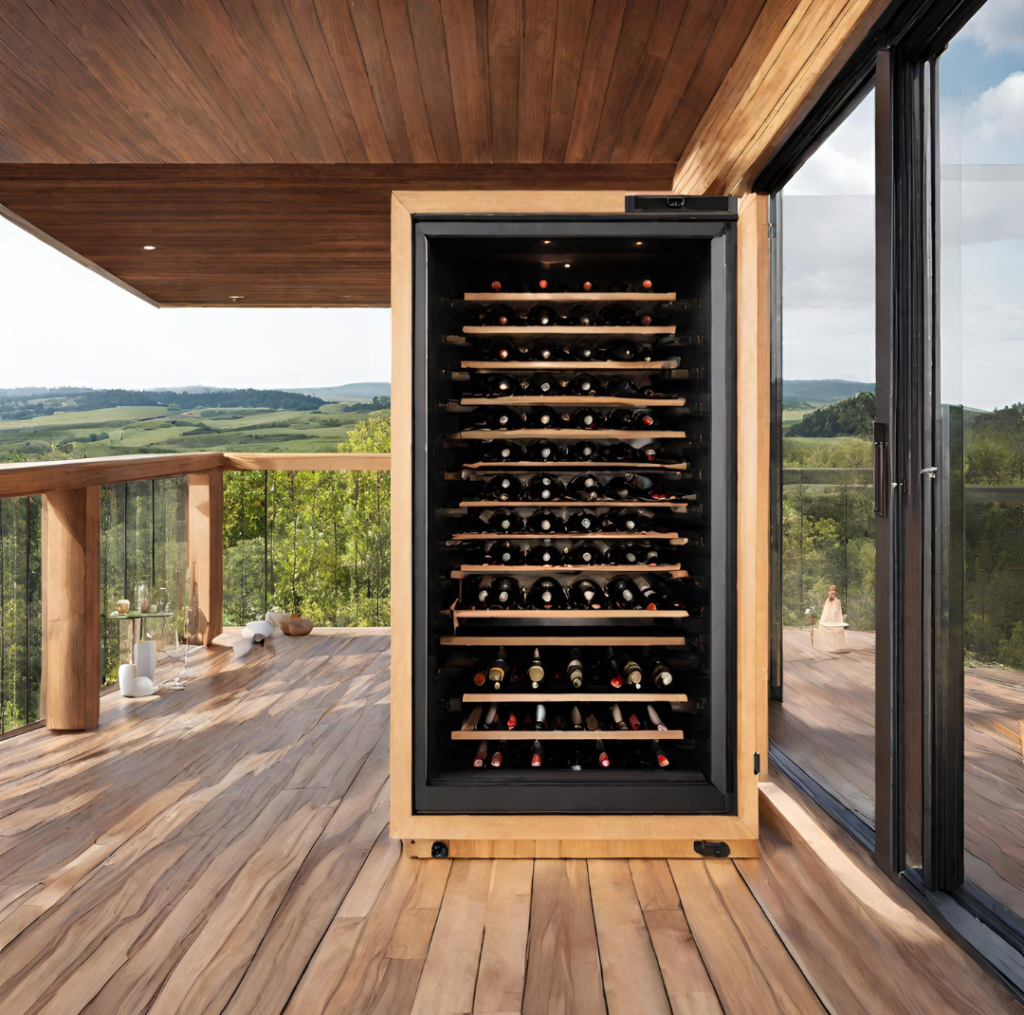 Adega Climatizada preta de madeira em varanda com deck