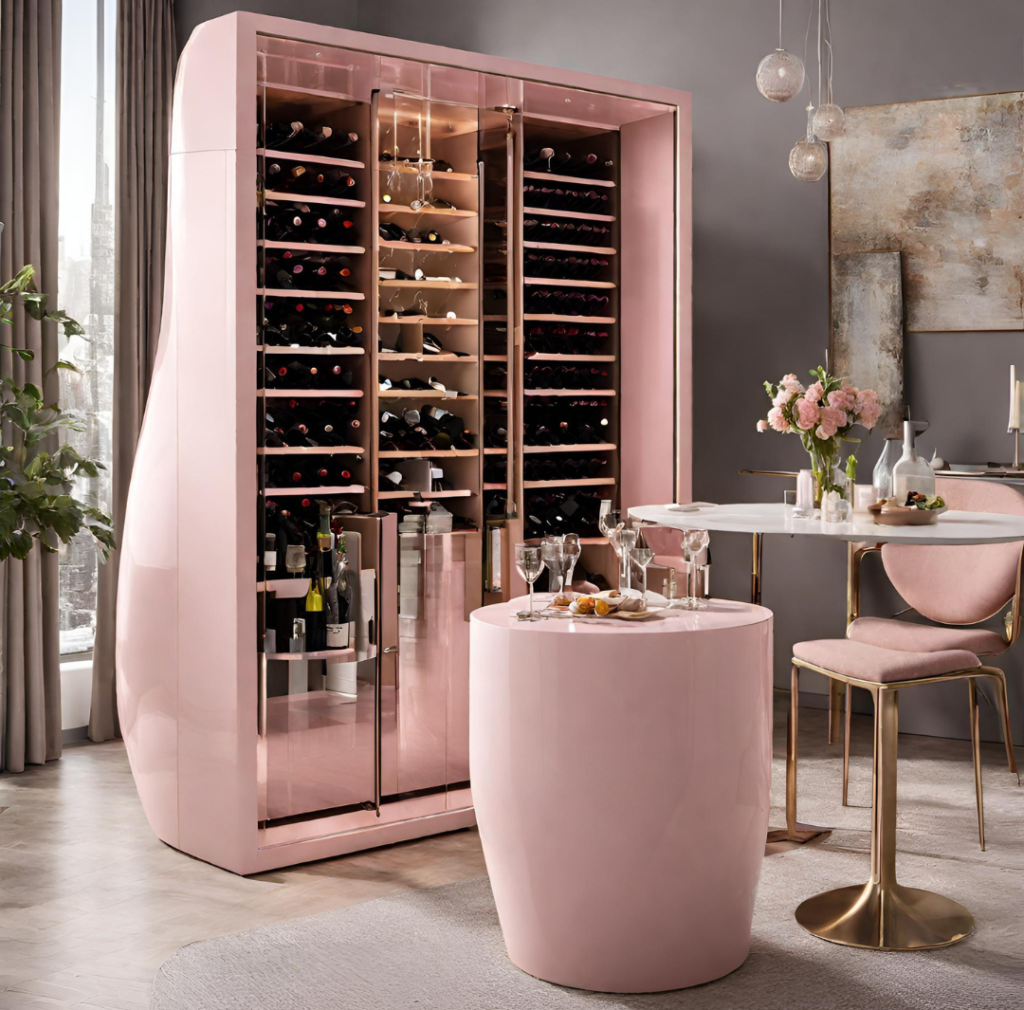 Adega climatizada de vinho com design rosa